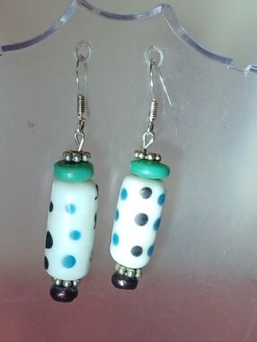 Hand Crafted Polka Dot Glass Bead Earrings in Green, White & Green